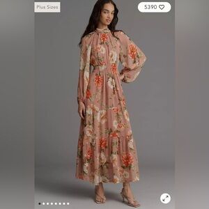 The Somerset Long-Sleeve Mock-Neck Chiffon Maxi Dress Floral Pink Anthropologie